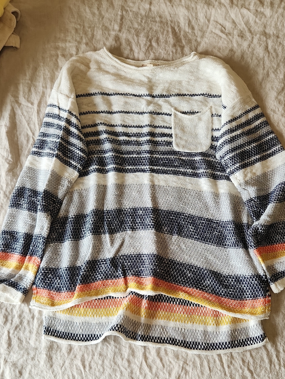 Striped Long-Sleeve Knit Top in White and Black with Sunset Accent